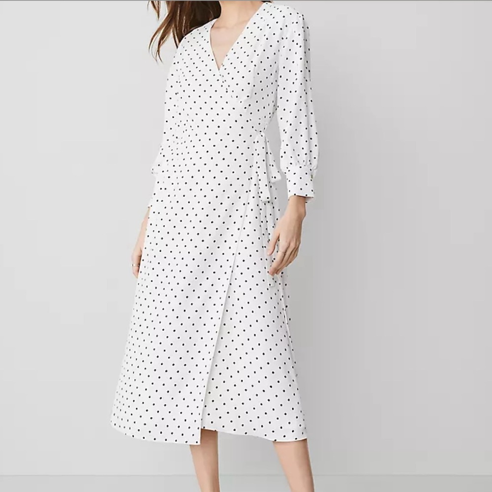 Ann Taylor White Long Sleeve Polka Dot Dress